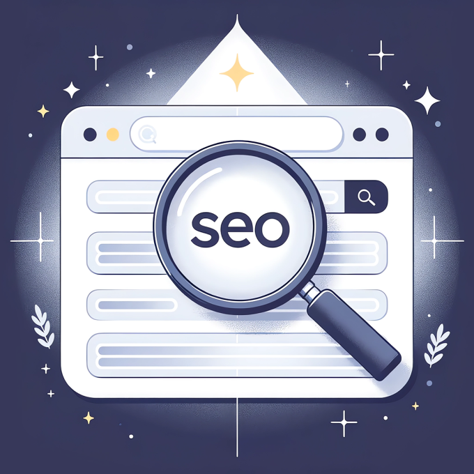 Page de résultats Google avec loupe zoomant le mot-clé pour ''SEO''