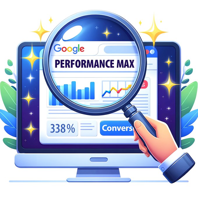 Illustration d'une loupe devant un écran d'ordinateur qui affiche des statistiques concernant les campagnes publicitaires de type Performance Max.