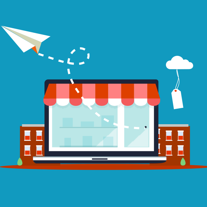 Illustration combinant un ordinateur et la devanture d'une boutique.