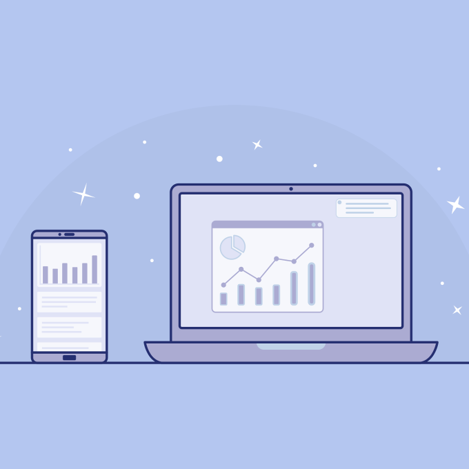 Illustration d'un téléphone intelligent et d'un ordinateur portable sur lesquels on voit des graphiques et des statistiques.